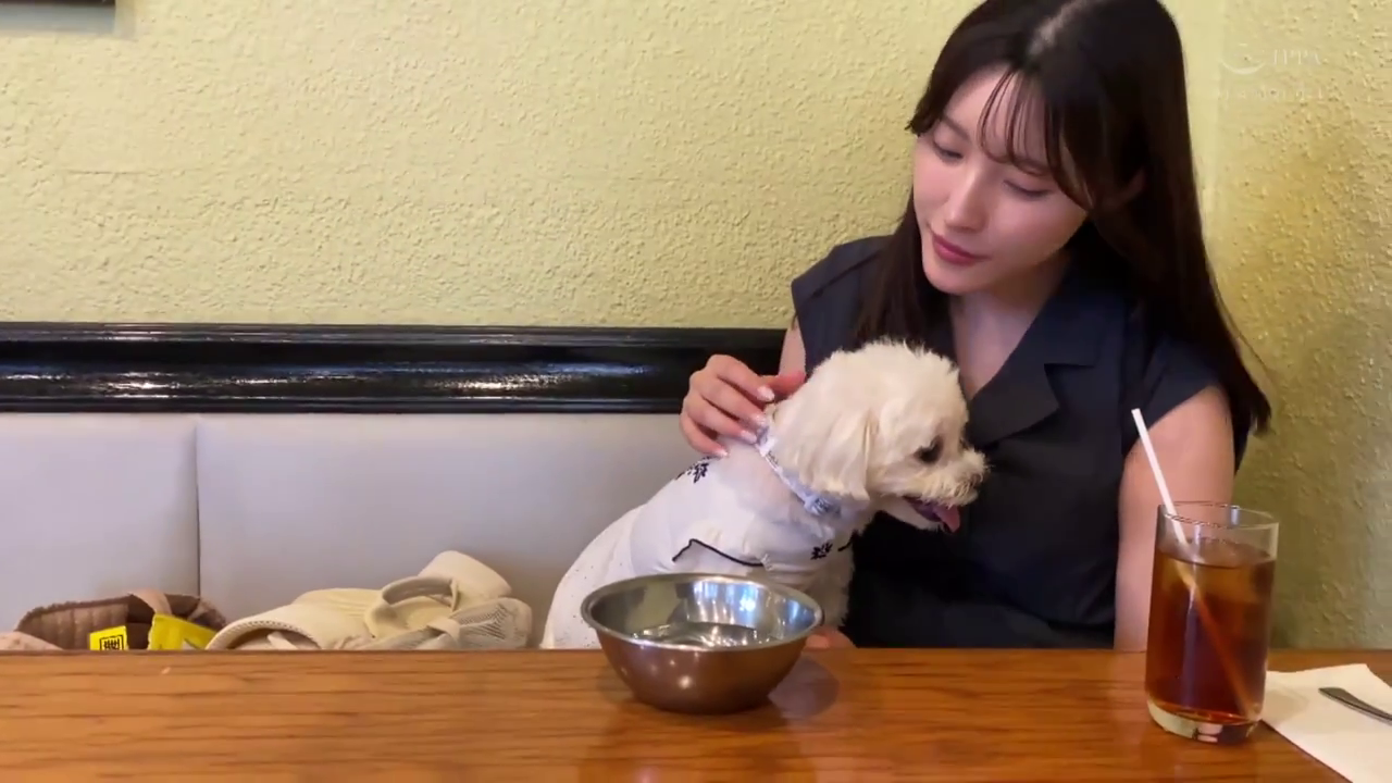 坐姿 · 温和 · 面部特写 · 餐厅 · 生活化 · 无袖衫 · 冷饮 · 怀抱宠物