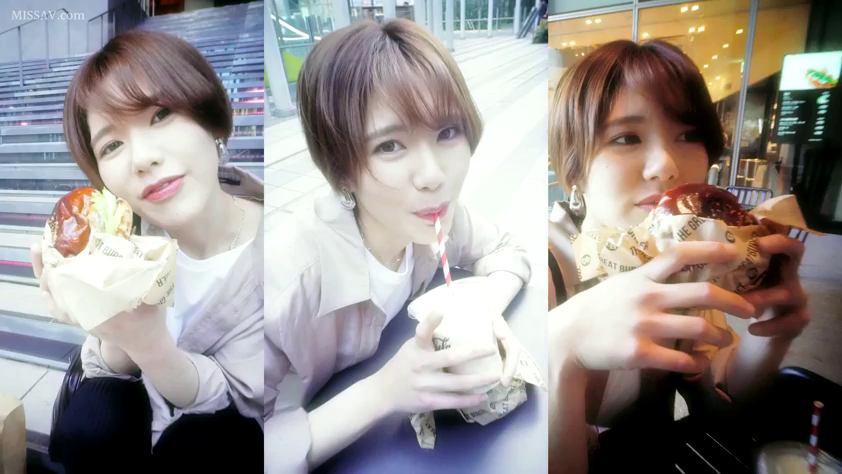 坐姿 · 甜美 · 生活照 · 休闲外套 · 户外广场 · 三联排版 · 吃汉堡 · 汉堡