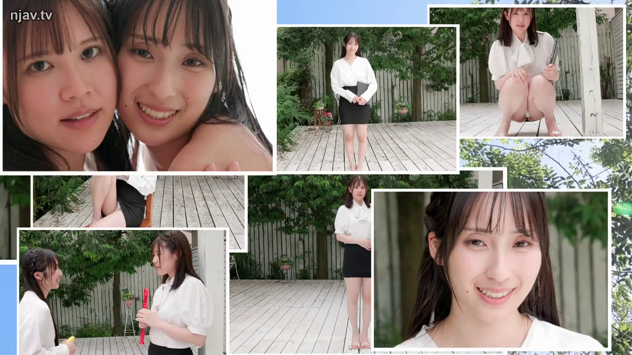 Smile · White shirt black skirt · 拼贴图 · 户外露台 · 面部及全身特写 · 站立与蹲姿 · 展示拍摄 · 竖笛