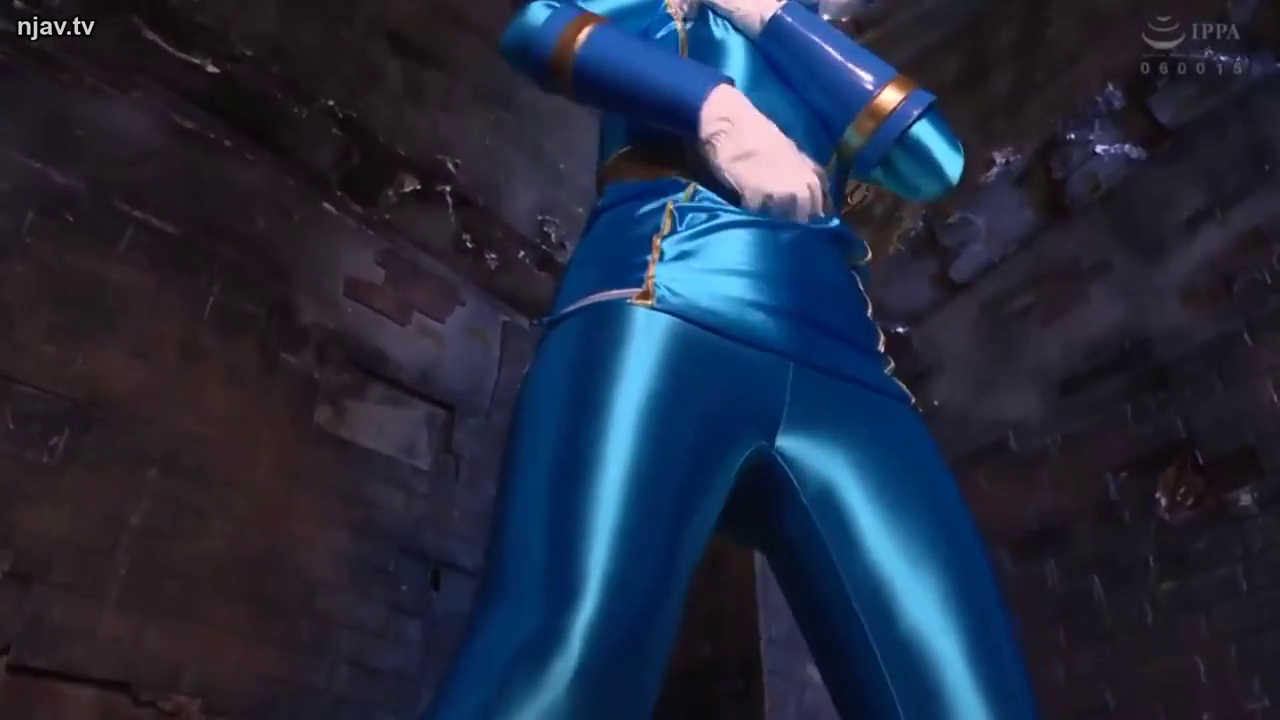 角色扮演 · 下半身特写 · 静态展示 · 白色手套 · 跨步站立 · 蓝色亮面紧身衣 · 破旧砖房