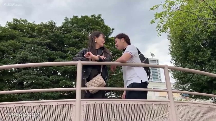 交谈 · 远景 · 手提包 · 夹克 · 桥上 · 愉快 · 倚靠